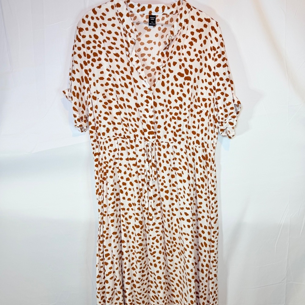 SHEIN CURVE‎ Dress Women's White Brown Animal Print Midi 1XL Drawstring